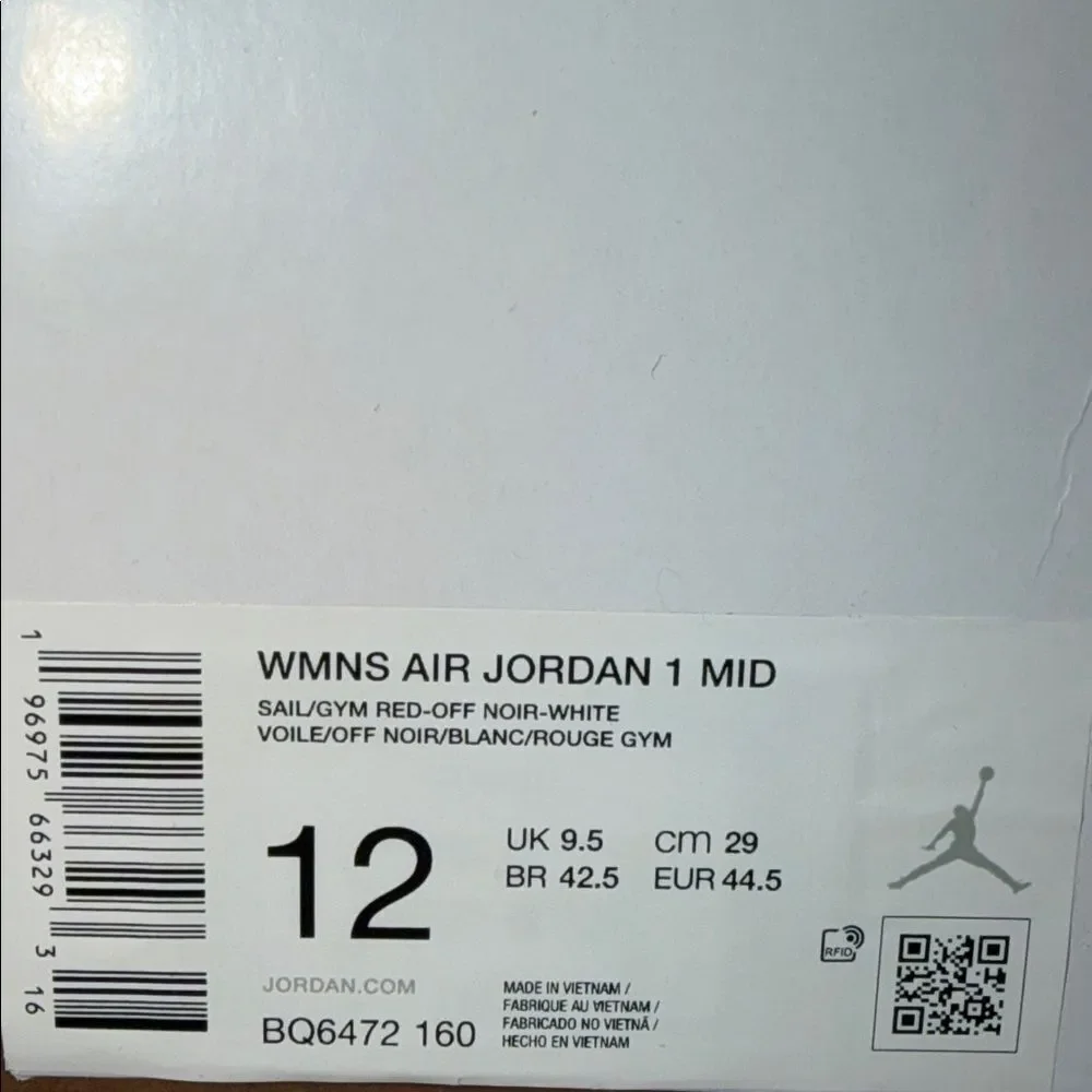 Nike Air Jordan 1 Mid Gym Red White Sail BQ6472-160 Women’s Size 12